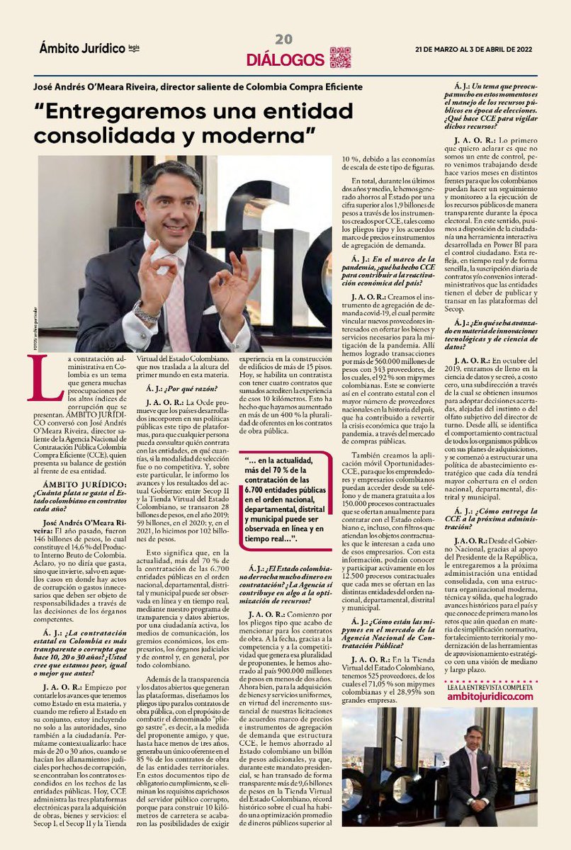 jose_omeara's tweet photo. #LesComparto la última entrevista que atendí como Director General de la Agencia Nacional de Contratación @colombiacompra y que fue publicada recientemente por el periódico @Ambitojuridico de la editorial @LegisColombia. https://t.co/yzXgUkT41b