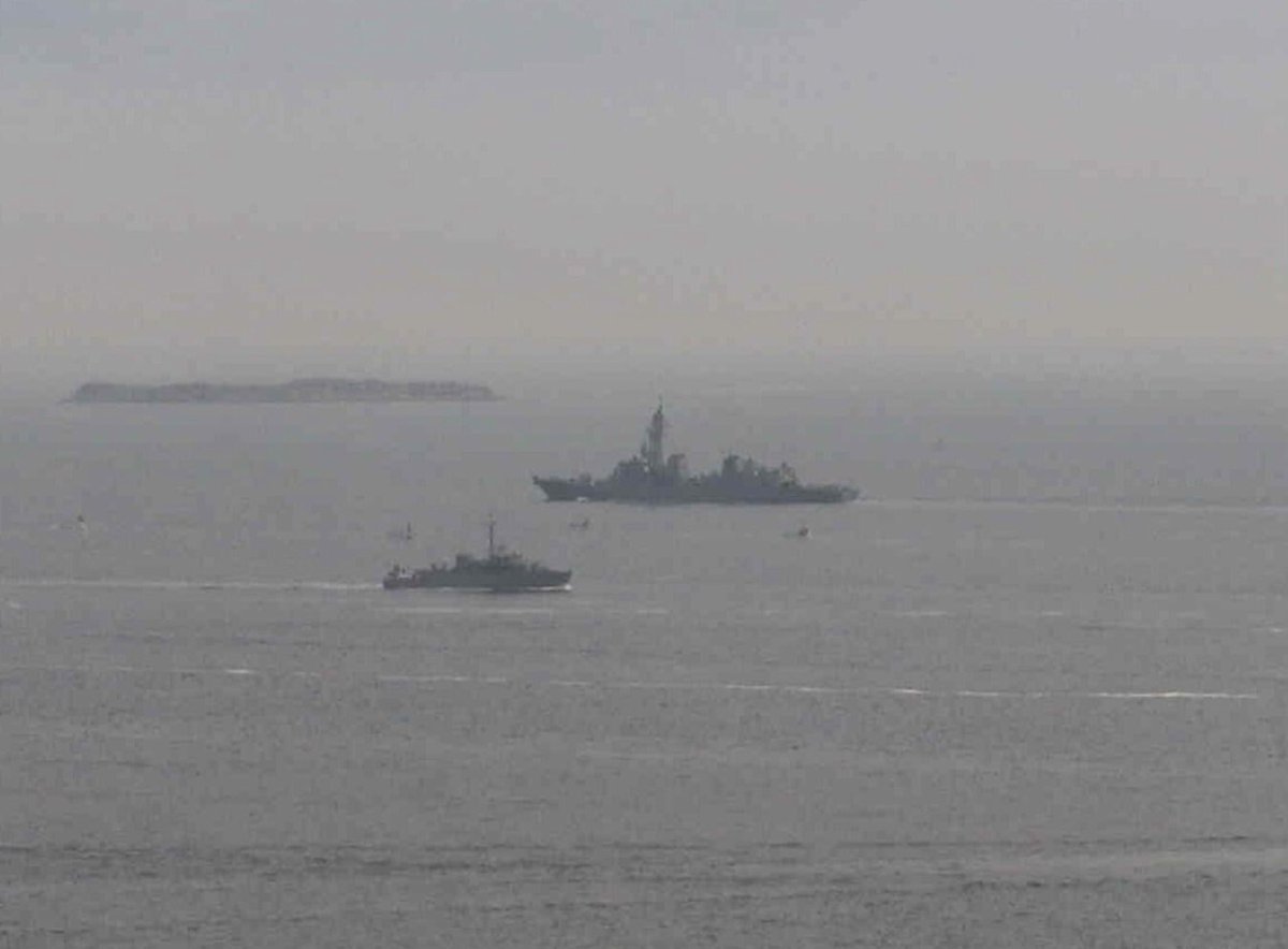WarshipCam's tweet photo. Japanese Maritime Self-Defense Force Takanami-class destroyer JS Takanami (DD-110) coming into Yokosuka, Japan while Enoshima-class minesweeper JS Hatsushima (MSC-606) is outbound - April 18, 2022 #jstakanami #dd110 #jshatsushima #msc606 https://t.co/gllzJfy0kA