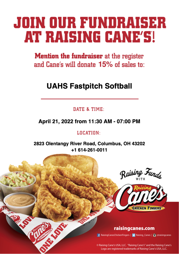 UABearsSB's tweet photo. 🐔THIS THURSDAY!🐔 

Head over to Raising Cane's on Olentangy (11:30 am to 7:00 pm) for some delicious chicken fingers (and TEXAS TOAST)! https://t.co/4Y020rVK9p