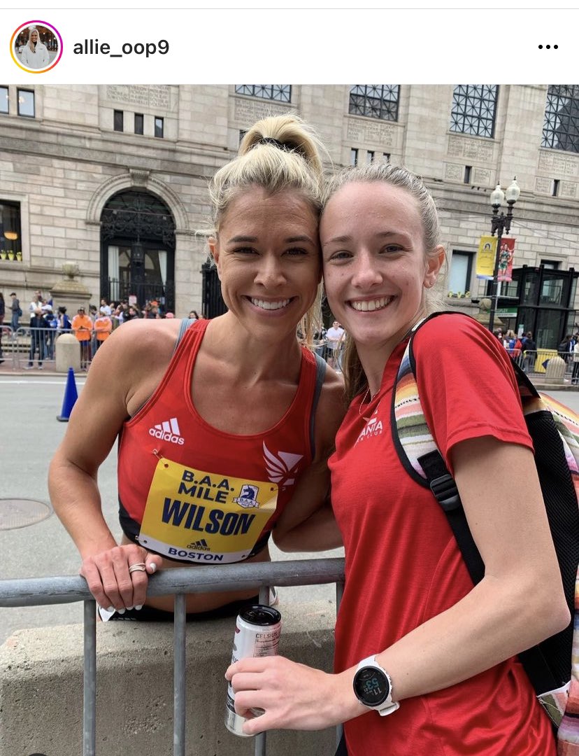 Shorerunningxc's tweet photo. They were @Shorerunningxc counselors together in 2018, teammates @MonmouthHawks and they’re back together this weekend: @allieOcho opening her outdoor season in the @BAA Pro Mile, and @MeggLindstrom getting ready for tomorrow’s @bostonmarathon . #bostonfun #marathonweekend #BAA https://t.co/DDuCe1DYwc