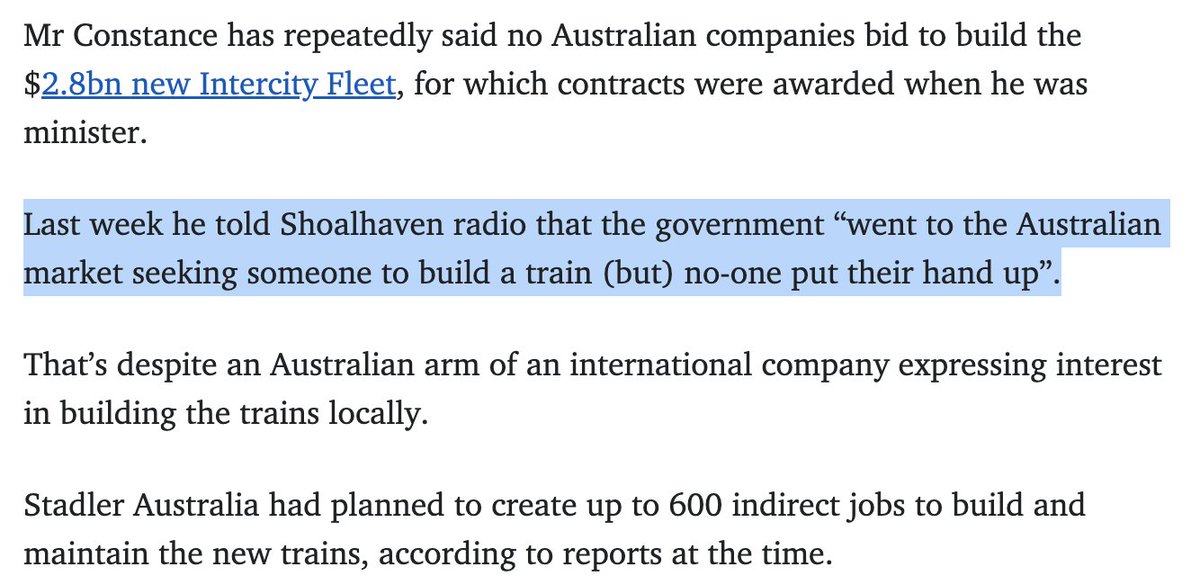Last week, former Transport Minister Andrew Constance claimed no Australian-based companies bid to build the $2.8b Intercity Fleet, as if we don't have receipts. Constance is now asking voters in Gilmore to give him a job after offshoring hundreds of theirs.