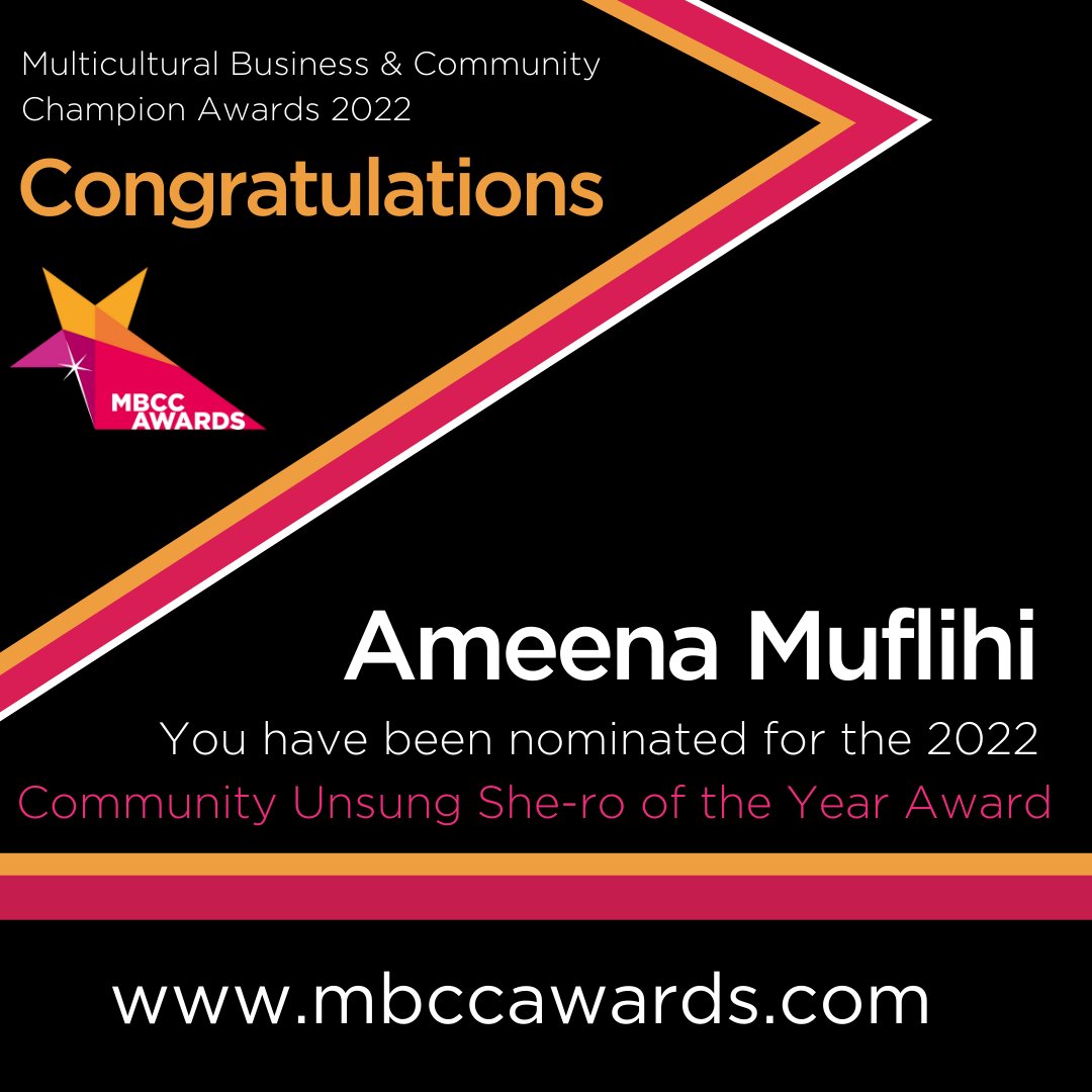 mbccawards's tweet photo. CONGRATULATIONS!!! Ameena Muflihi is being NOMINATED for the MBCC Awards 2022 for the Community Unsung She-ro of the Year Award. Voting starts on Midday 11th July 2022. To find out more about the awards ceremony and nominating visit https://t.co/xscpxaf4bu https://t.co/7ZlUygx9VA