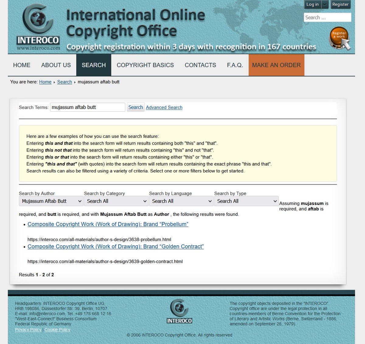 arejaywoof's tweet image. 2/

even more, searching mujassum aftab butt on interoco.com lists two trademarks:

EC-01-003317: @Probellum
EC-01-003318: Golden Contract 

Paul Gates (UK) is listed as author and rights holder for both

#boxing #boxeo #GoldenContract #Probellum