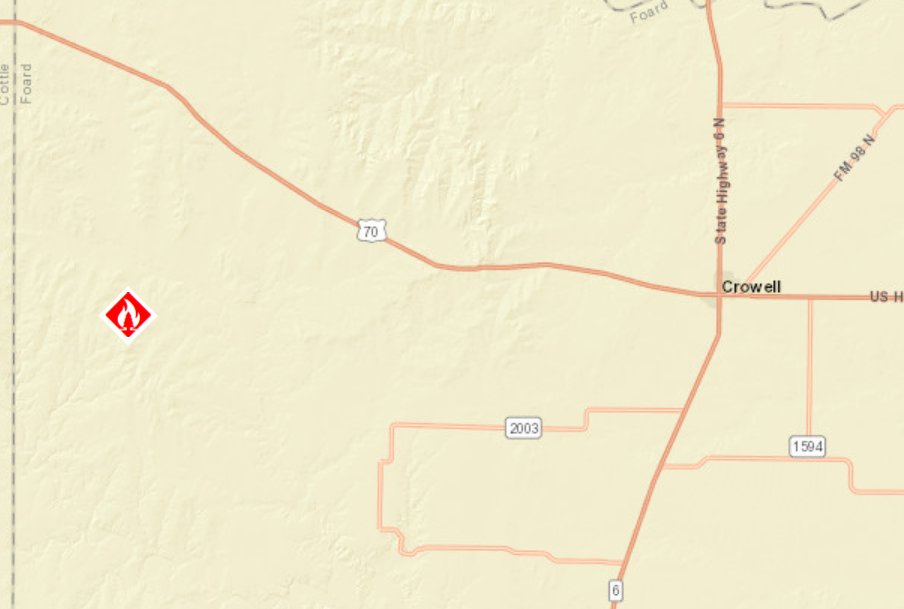 AllHazardsTFS's tweet photo. Alert: Texas A&M Forest Service is responding to a request for assistance in Foard County on the #EasterDayFire. The fire is an estimated 100 acres and 0% contained. #txfire https://t.co/mqIysa60Ww