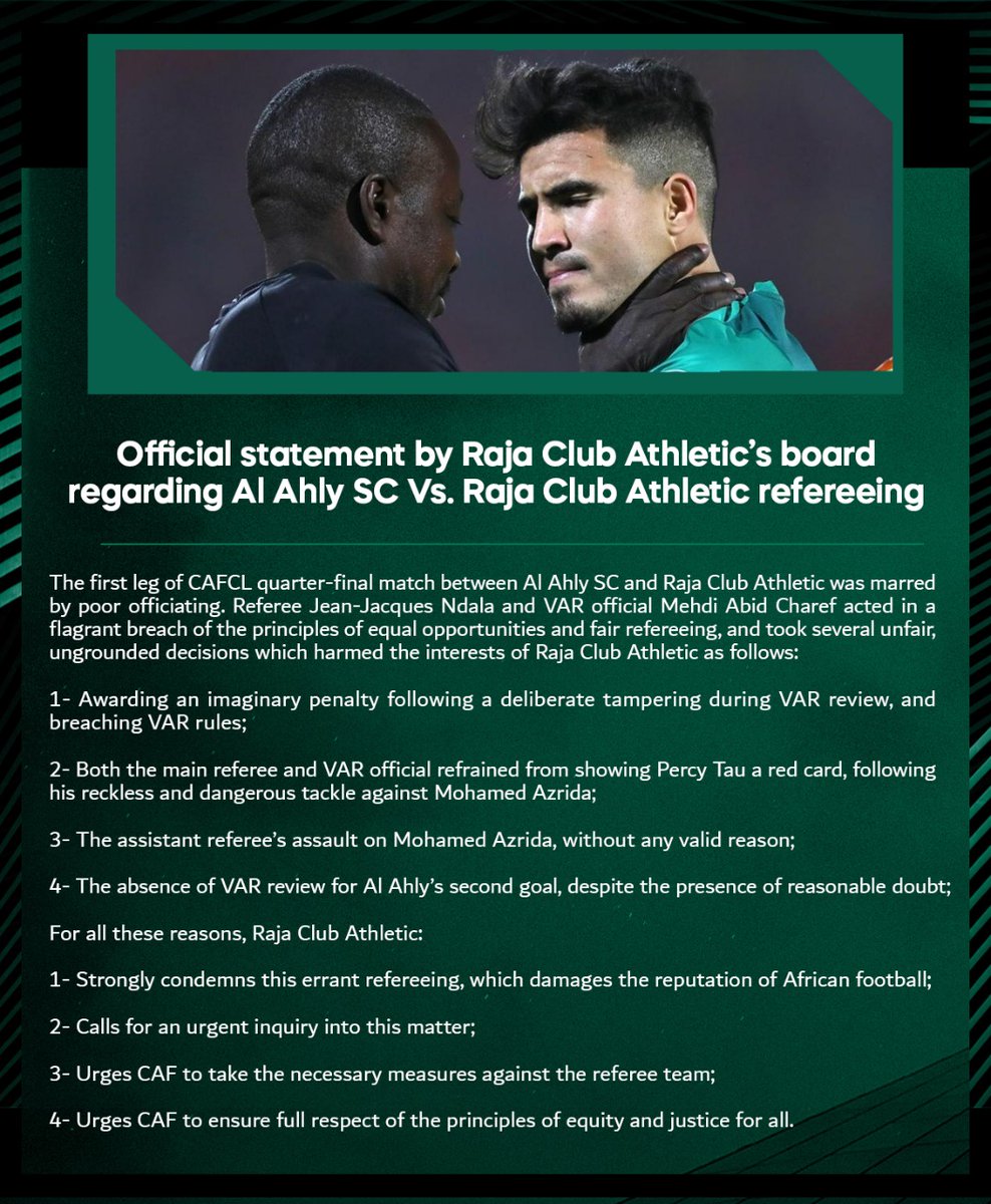 🟢Official statement by Raja Club Athletic’s board regarding Al Ahly SC Vs. Raja Club Athletic refereeing @CAF_Online @FIFAcom