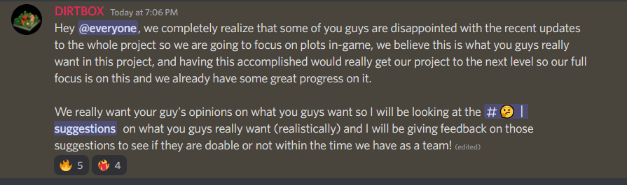 little update, get in our discord server and give us suggestions or any questions you have! We are also trying to get more posts up on twitter so if you are experienced let us know