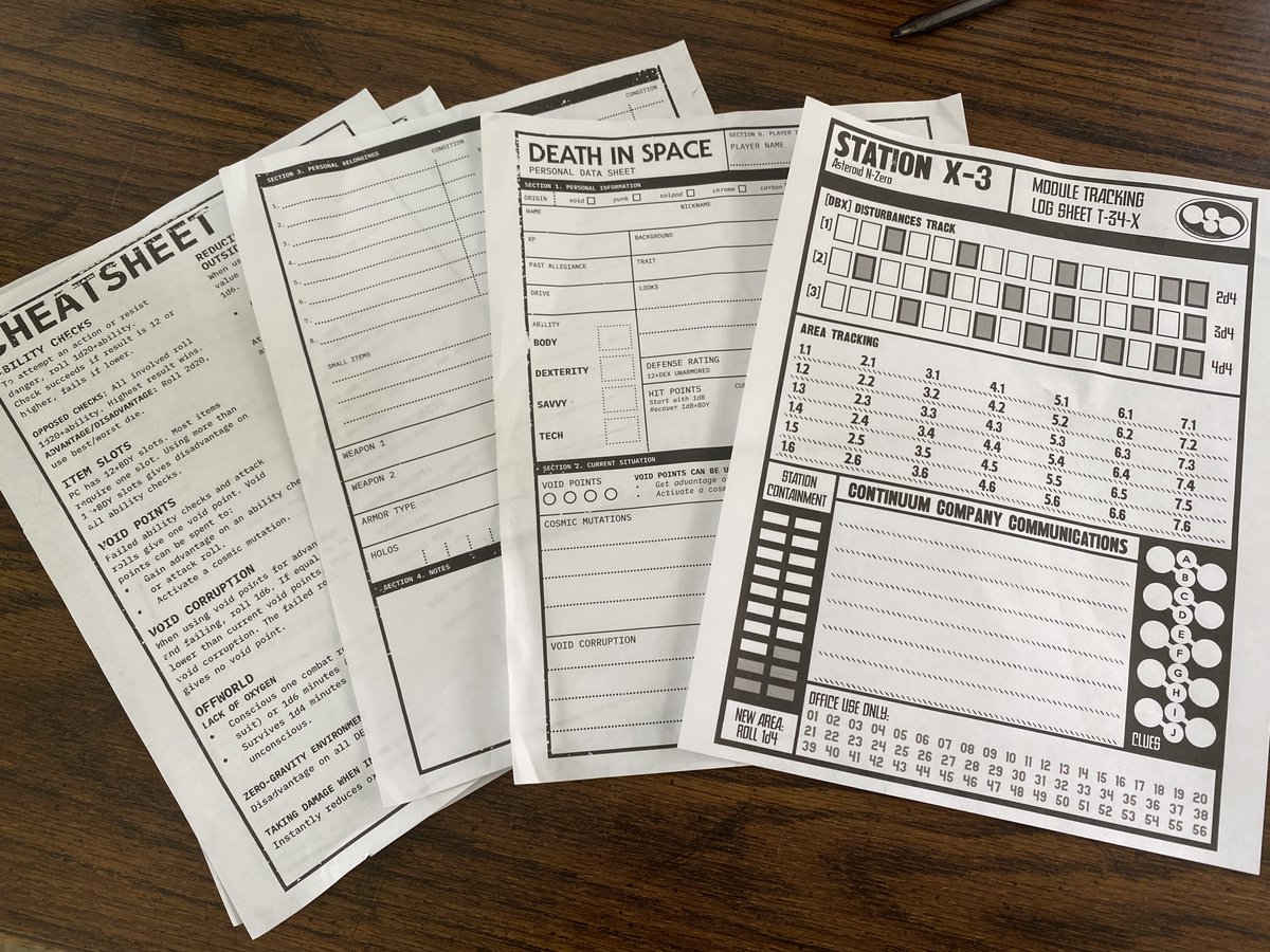 inkycalamari's tweet photo. I love how the Station Xeno tracking sheet that @DeeplyDapper designed looks next to the other @Deathinspace1 sheets! We are almost finished with the module! Seven Days Left in the project: https://t.co/xW6OOeTzoZ #TTRPGs https://t.co/plEnnul2NV