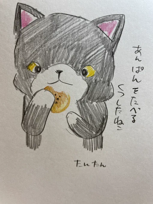 あんぱんを食べるくつしたねこ#イラスト #猫 