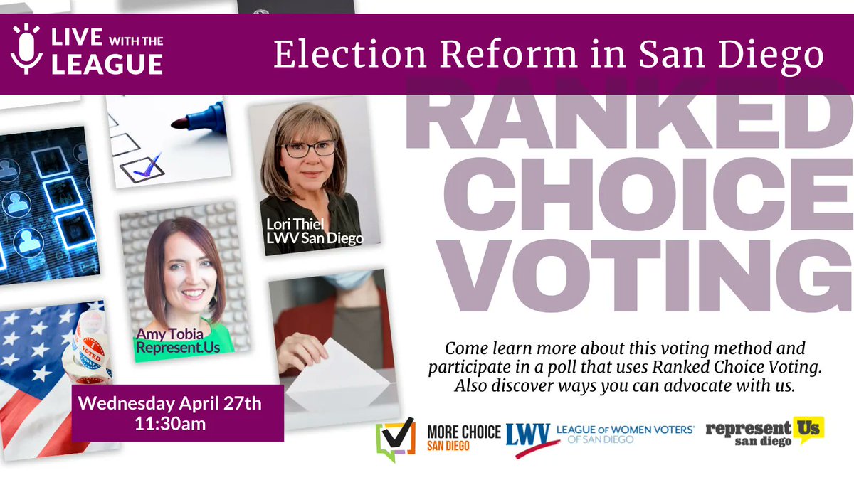 LWVSD's tweet photo. Learn about Ranked Choice Voting! We'll be discussing with @lorithiel of our League and Amy Tobia of @RepresentusSD election reform that the @MoreChoiceSD coalition is initiating for the City of #SanDiego #RankedChoiceVoting @LWV @LWVC 
👉🏽 REGISTER: https://t.co/wZvw5SYNDH https://t.co/Xdx2Wmfx5Y