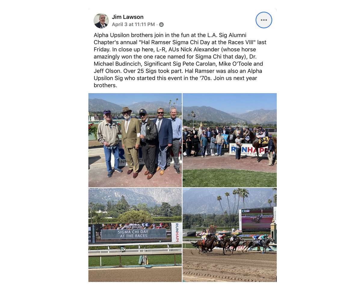 TrojanSigs's tweet photo. Whole lotta Trojan Sigs rally to the annual racetrack party organized by the L.A. Sig Alumni Chapter. Pictured are AU bros Nick Alexander (whose horse won the "Sigma Chi Race" that day), Dr. Michael Budincich, Significant Sig Pete Carolanm, Mike O'Toole and Jeff Olsen. #trojansig https://t.co/Jg7eB9c22S