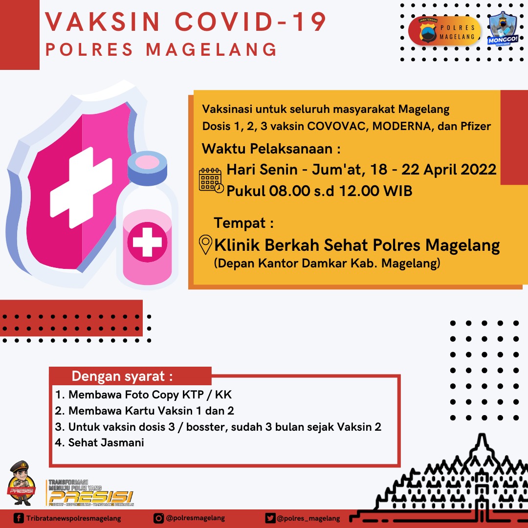 polseksalam's tweet photo. Monggo manfaatkan Vaksinasi Dosis, 1,2 dan 3 Vaksin Covovac, Moderna dan Pfizer.
Senin - Jumat, 18-22 April 2022 Pukul 08.00 s.d 12.00 Wib Tempat di Klinik Berkah Sehat Polres Magelang. https://t.co/5XmHuP40va