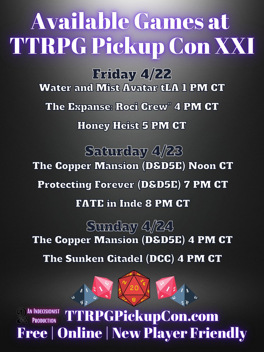 Indecisionist's tweet photo. TTRPG Pickup Con XXI is coming up and there are still seats to play in Avatar, D&D, DCC, Honey Heist, The Expanse, and FATE!
https://t.co/fGXGbJB3fx
This event is free, new player friendly, and designed to keep you safe while playing. https://t.co/lwxC3zADkm