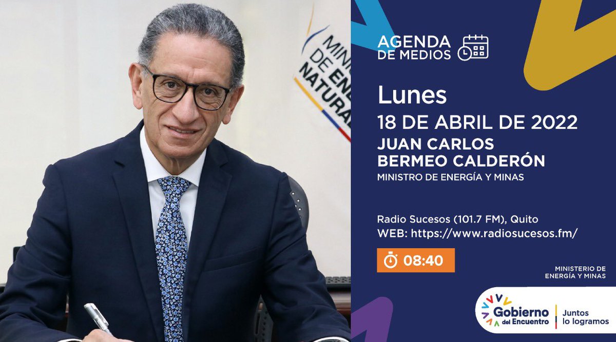 Este lunes 18 de abril, no se pierda la entrevista al Ministro de Energía y Minas, <a href="/JuanCar_Bermeo/">Juan Carlos Bermeo Calderón</a>, por <a href="/radiosucesosec/">Radio Sucesos Ecuador</a>, donde abordará importantes temas sobre el desarrollo de los sectores: hidrocarburífero, eléctrico y minero del país.

#PolíticaPetroleraEc
#JuntosCumplimos
