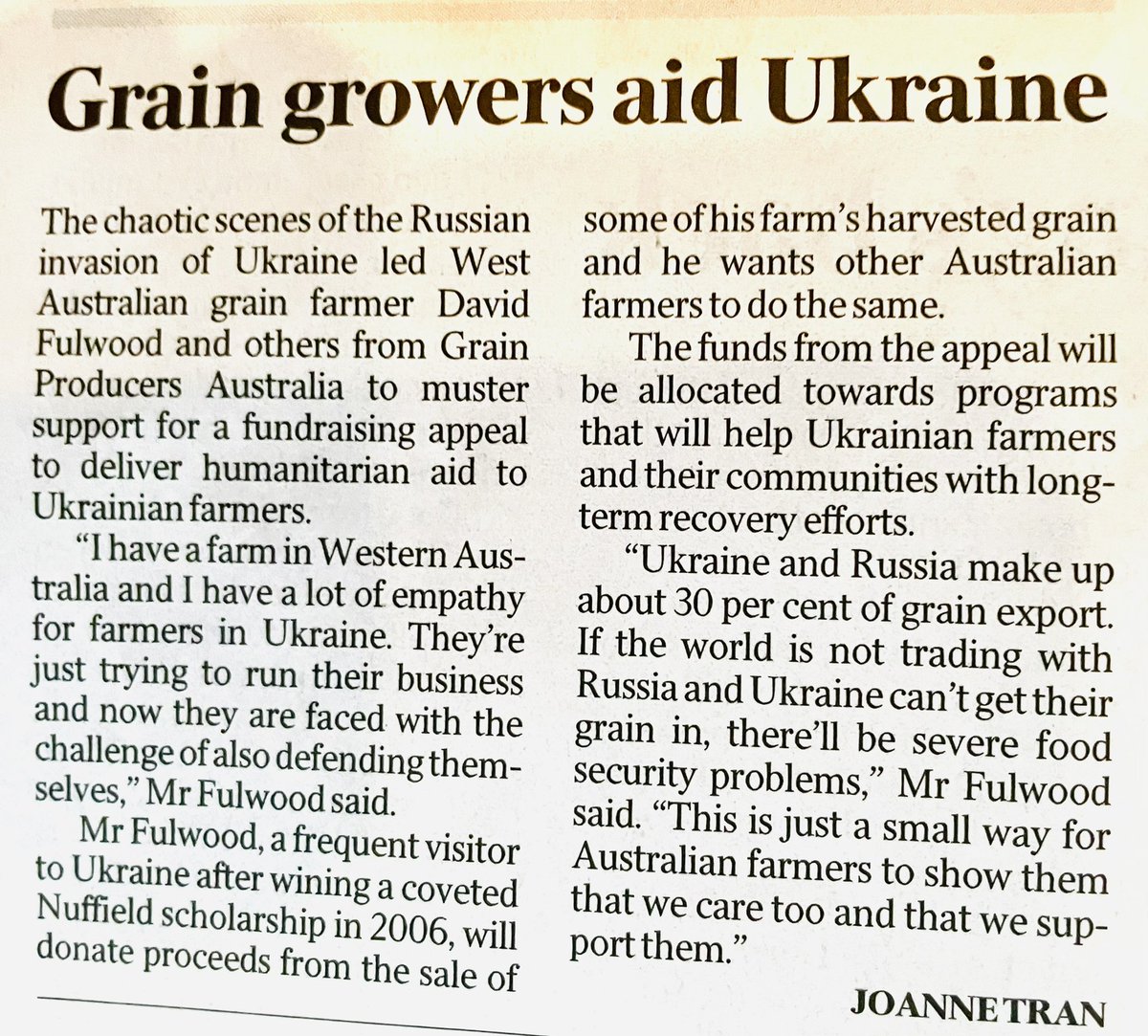Great coverage page 2 of today’s Aus on #AUSSIEGRAIN4UKRAINE <a href="/WheatWatcher/">Andrew Whitelaw</a> <a href="/GrainProducers/">Grain Producers Australia</a> <a href="/James_Stacey_/">🧢James Stacey</a> <a href="/bungulla6409/">brad jones</a> @WallworkSimon <a href="/davidfwood/">David Fulwood</a> <a href="/WAFarmersGrains/">WAFarmersGrains</a> <a href="/GrainProducerSA/">Grain Producers SA</a> <a href="/VFFGrains/">VFFGrains</a> <a href="/NSWFarmers/">NSW Farmers</a> <a href="/AgForceGrains/">AgForce Grains</a> @TfgaComms <a href="/dougpingrup1/">Doug Smith</a> <a href="/Warraboy/">Brendan Taylor</a> <a href="/BPerry0410/">Brad Perry</a> #ausag