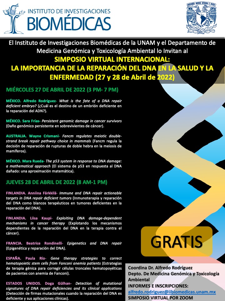 Next week we are having a virtual symposium on DNA damage and repair <a href="/biomedicasunam/">Instituto de Investigaciones Biomédicas IIBO, UNAM</a>. Look at the great speaker line-up. Below the links to subscribe:
unam.zoom.us/webinar/regist…

unam.zoom.us/webinar/regist…