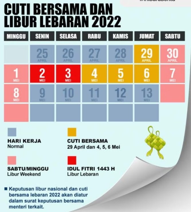 agakarebaa's tweet photo. Selamat berlibur panjang:
29 April: cuti bersama
30 April: libur
1 Mei: Hari Buruh
2-3 Mei: Lebaran
4-6 Mei: cuti bersama
7 Mei: libur
8 Mei: cuti. https://t.co/A8q3iV3Xn9