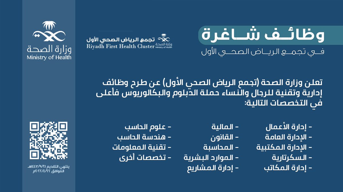 يبدأ التقديم من اليوم #الإثنين 1443/9/17هـ:

تعلن #وزارة_الصحة (تجمع الرياض الصحي الأول) عن فتح التقديم لشغل وظائفها بالتخصصات (إدارة أعمال، إدارة عامة، مالية، قانون، محاسبة، موارد بشرية، علوم حاسب، هندسة حاسب، تقنية معلومات .. وغيرها).

التفاصيل: wadhefa.com/news/13261/

#وظائف