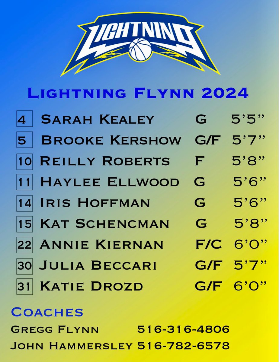Here is the Roster for Crown Lightning Flynn 2024. We will be playing this weekend at Live at the Nook at Spooky Nook
1020 Fri vs Lady Raiders CT 18
145 Fri  vs Hunting Park Warriors Ct 19
615 Sat vs CJ Hawks Ct 13
935 Sat vs Lightning Hart Ct 12
1130 Sun vs Loudon Showcase 18