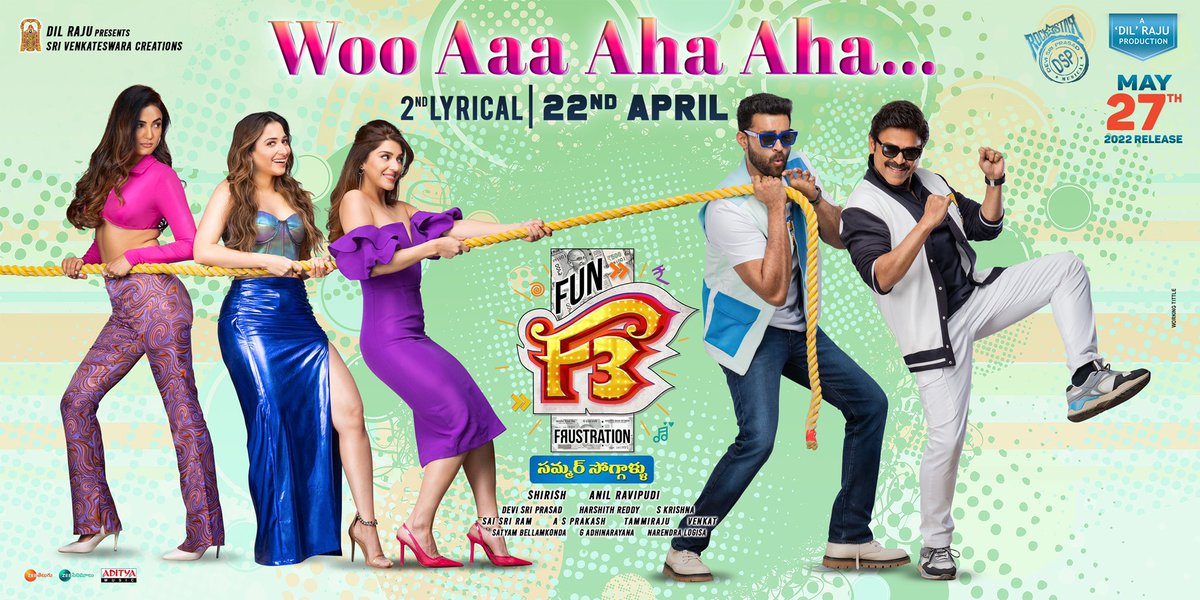 IAmVarunTej's tweet photo. It’s time!

Everybody put your body on the floor &amp; Say #WooAaaAhaAha

#F3Movie 2nd Lyrical 🎵 on 22nd April 

Rockstar @ThisIsDSP Musical 🎶 

@VenkyMama @AnilRavipudi @tamannaahspeaks @Mehreenpirzada @sonalchauhan7 @SVC_official @adityamusic
#F3onMay27 https://t.co/xojWQDdD95