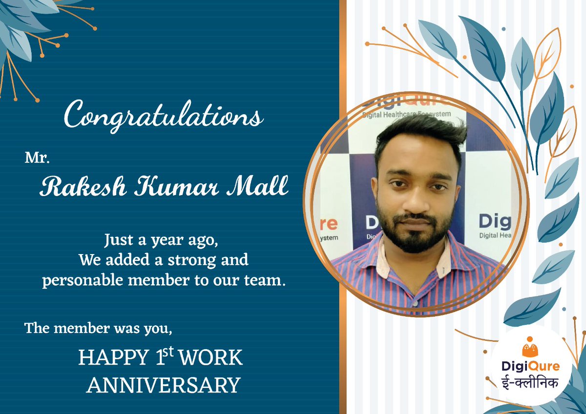 DigiQureEclinic's tweet photo. #Firstworkanniversary✨
Congratulations on your 1st work anniversary.
Your contributions to the company are greatly appreciated.
Wishing you the best in the years ahead.👍👍

#employeeworkanniversary #happyworkanniversary #workanniversarycelebration  #RakeshKumarMall https://t.co/PGvr9KTRAp
