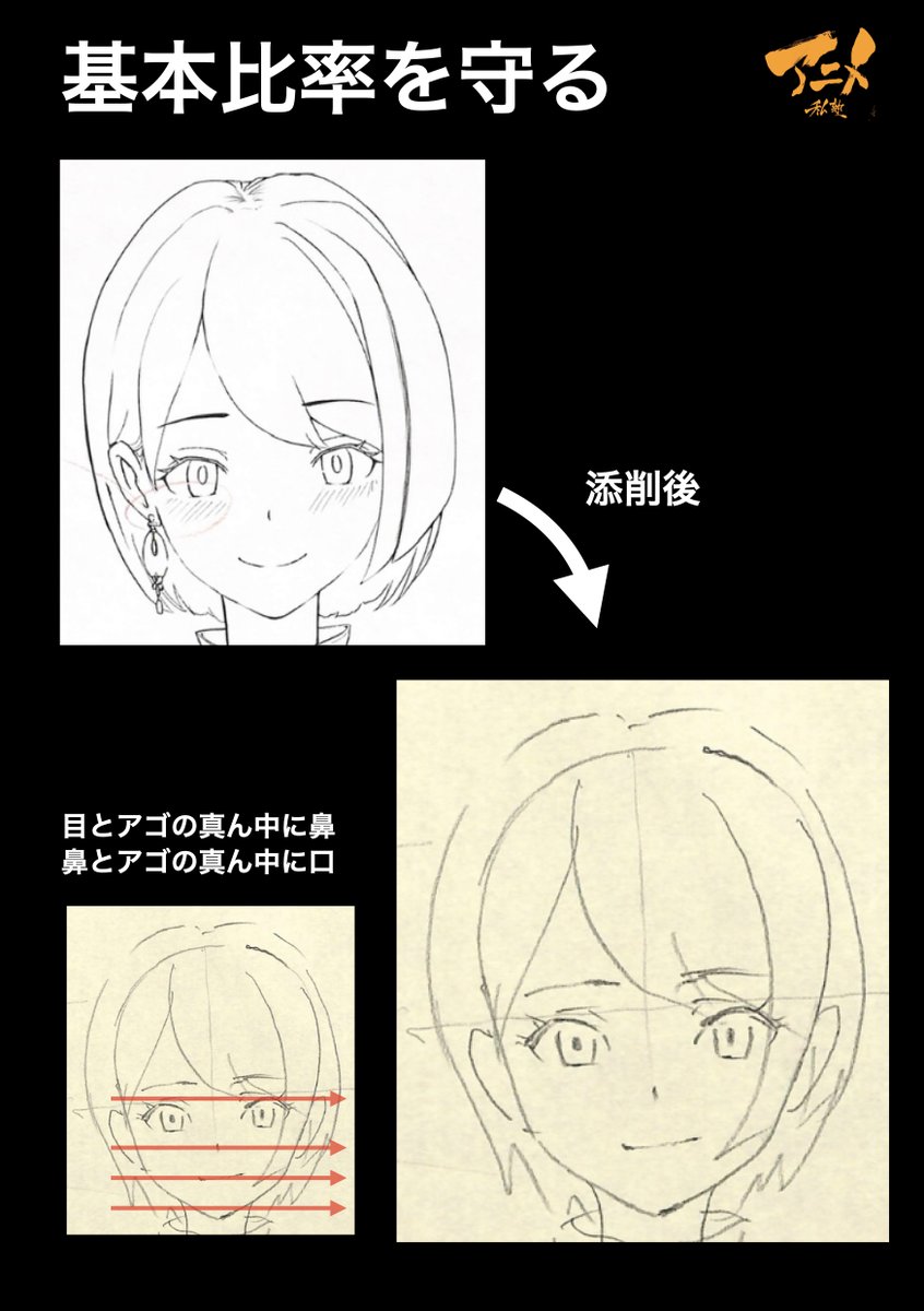 「正面顔」キャラコース添削220407
◯基本比率を守る
・目とアゴの真ん中に鼻
・鼻とアゴの真ん中に口
◯目力のアップ方法
・上目づかいで
カッコイイ目線にする 