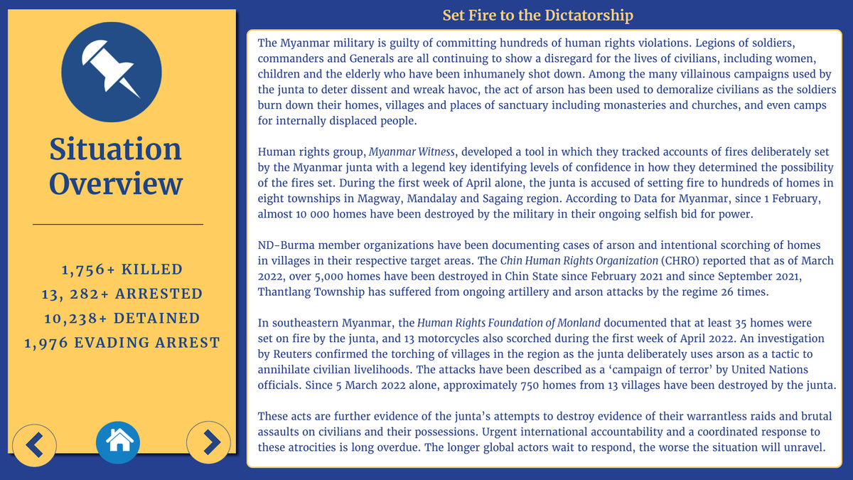 NDBurma's tweet photo. 🔥 It's time to set fire to the dictatorship; the junta has used arson + scorched earth campaigns to terrorize civilians. Thousands of homes, sanctuaries such as churches, monasteries &amp; IDP camps burned. Villagers forced to watch in horror.
Weekly update🖱️ https://t.co/nGEnll48O4 https://t.co/Jqx4ujvFyL