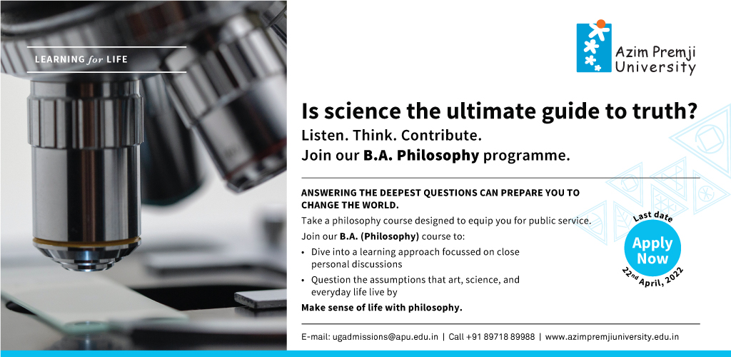 azimpremjiuniv's tweet photo. Answering the deepest questions can prepare you to change the world. 

B.A. Philosophy at @azimpremjiuniv 
-Reason rigorously, communicate with clarity, and find creative solutions to complex problems.

Know more and apply online by 22nd April-
https://t.co/y6V1bnElZo https://t.co/tQb0wSVlC6