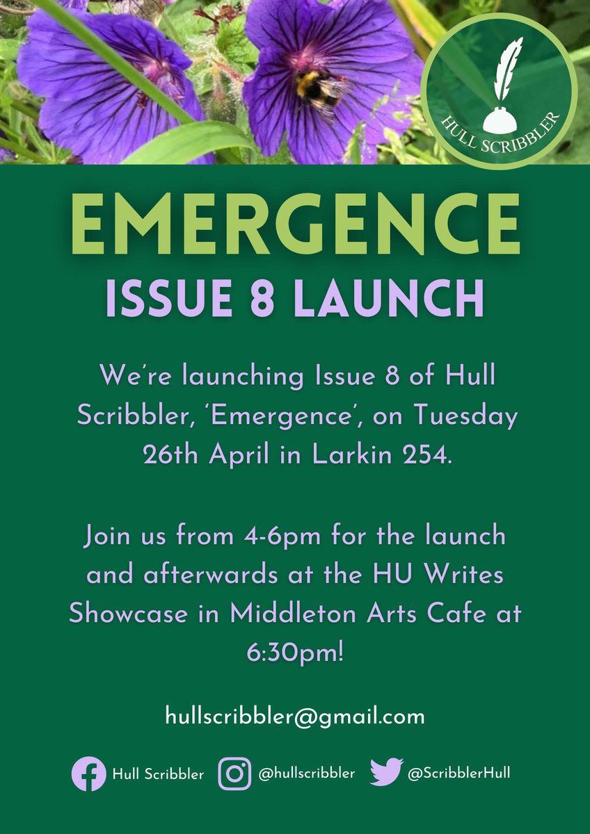 We’re happy to announce that Issue 8 of Hull Scribbler will be launched on 26th April in Larkin 254 from 4-6pm!

Then we will be attending the HU Writes showcase afterwards, starting at 6:30pm. 

Please come and join us for the launch and pick up your free copy of the magazine!