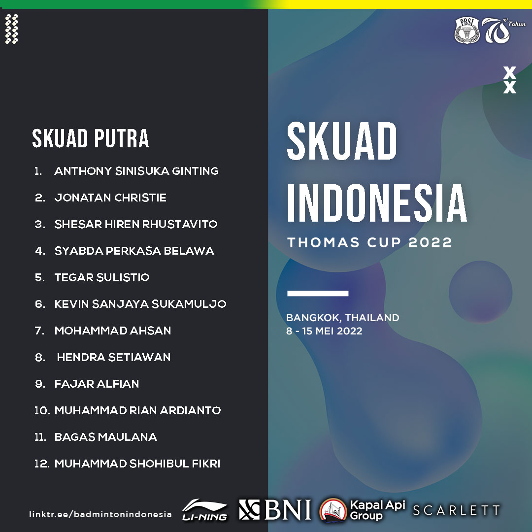 INABadminton's tweet photo. Inilah skuad Indonesia untuk Piala Thomas dan Uber 2022. https://t.co/bbl5EFdjL8