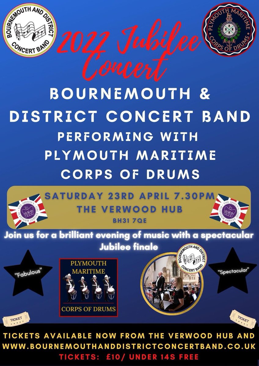 BDConcertBand's tweet photo. 🎵 Less than a week to go! 🎶 

Join us and the Plymouth Maritime Corps of Drums for a spectacular 2022 Jubilee celebration concert.

Tickets are available to buy via our website https://t.co/qXGaGEN8Dc and direct from The Verwood hub        @BDConcertBand @TheVerwoodHub https://t.co/XTp6HuznPp