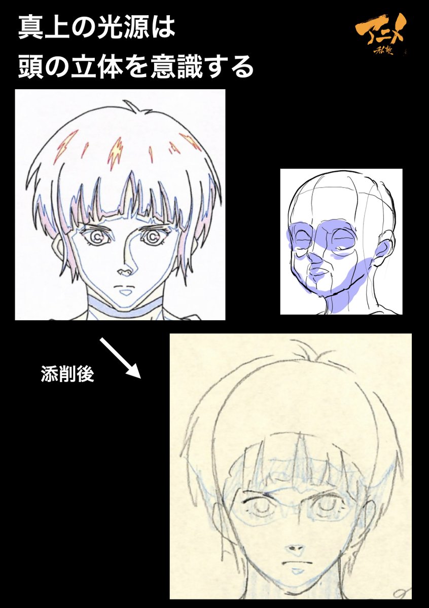 「正面顔」キャラコース添削220407
◯真上の光源は頭の立体を意識する
◯顔を中央に寄せる 