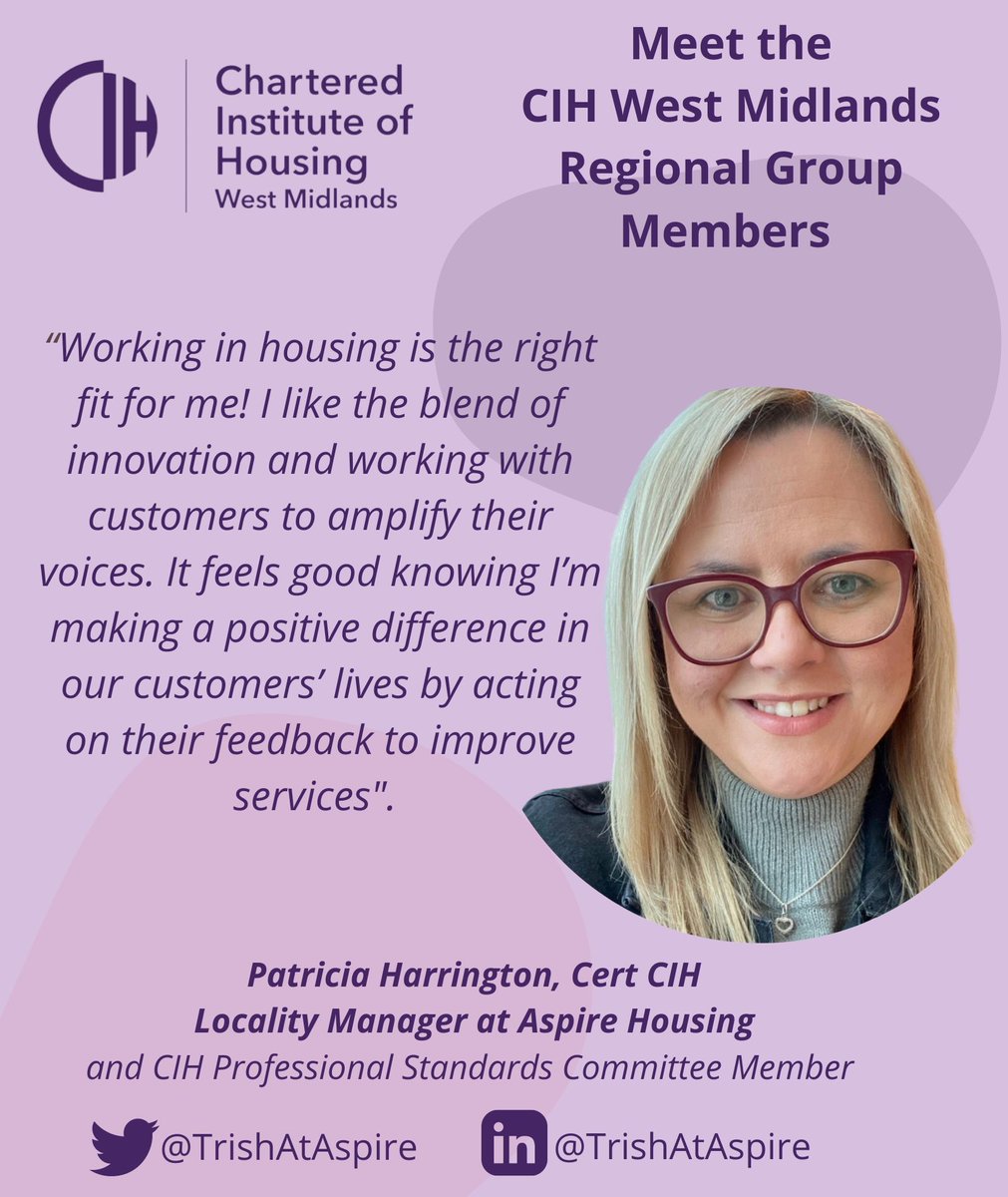 Hi all, Eden here! Hope you are enjoying your Easter Monday break. Our next featured CIH West Midlands Regional group member is Patricia Harrington @TrishAtAspire. She is a Locality Manager from @Aspire_Housing and also a CIH Professional Standards Committee member. #ukhousing