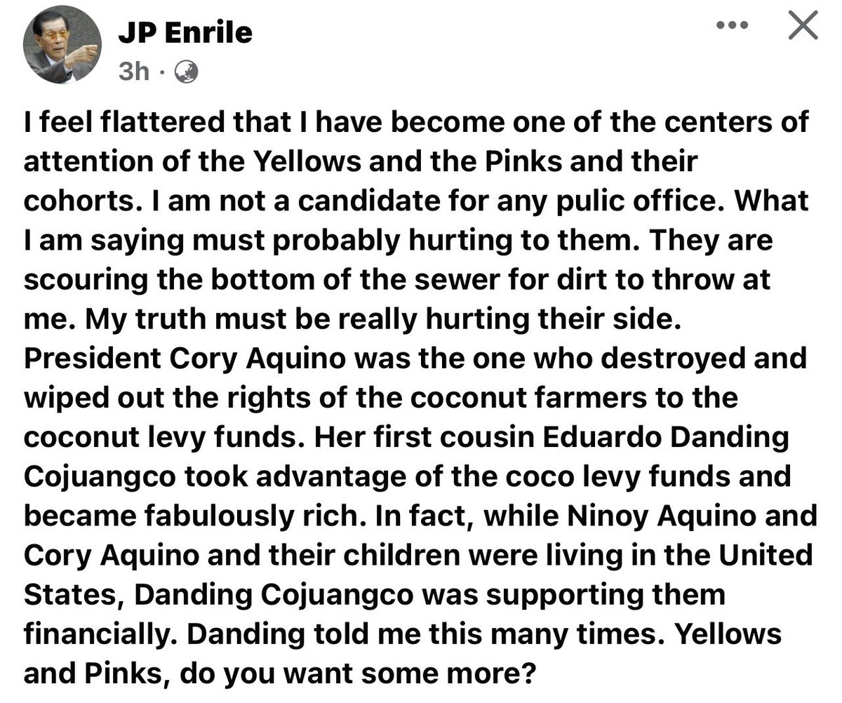 DaddysGirlPH's tweet photo. The #YELLOWtards #KakamPINKs or whatever color/s they’re calling themselves at the moment, are “chump change” compared to THE #JuanPonceEnrile 

Naku, don’t #JPE! Cge kayo all your skeletons will come out 😜 https://t.co/muefyrTFiw