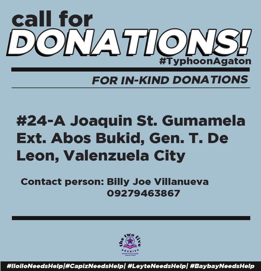 abels3_5's tweet image. For in-kind donations:
#24-A Joaquin St. Gumamela Ext. Abos Bukid, Gen. T. De Leon, Valenzuela City 
- Contact person: Billy Joe Villanueva, 09279463867 

#IloiloNeedsHelp #LeyteNeedsHelp #CapizNeedsHelp #AgatonPH