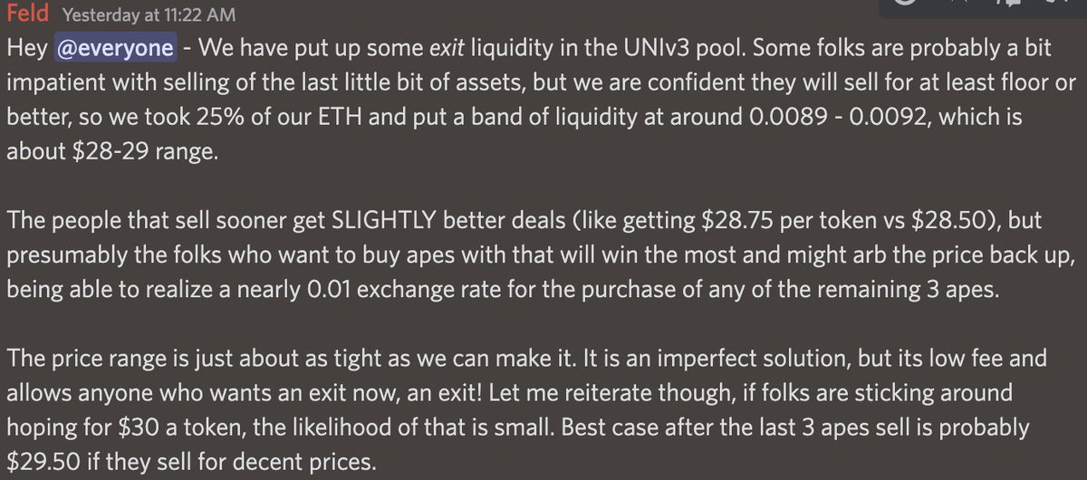 🚨🚨🚨

$aped holders, we've put 1000ETH of liquidity on $aped-ETH Uni pool to allow people to exit. We dont have many assets left to sell and this is very close to actual token value. More details in the discord and see the screenshot of the announcement below:
