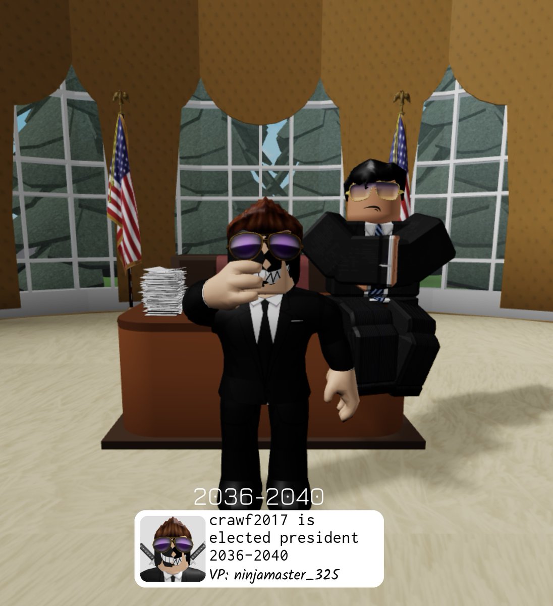 iiStxlendreams's tweet photo. Playing @premulis Election Simulator today
proud to Endorse presidential candidate Crawf2021, and VP candidate OneShot as they won their Roblox election securing there position in government from 2036-2040. Congratulations 🎉 🐘 🇺🇸 https://t.co/e0UvcQDIyx