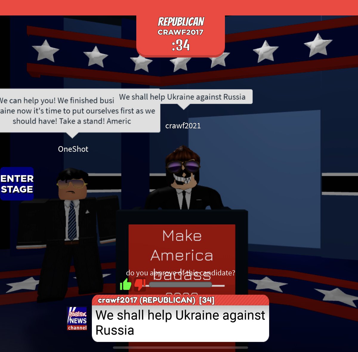 iiStxlendreams's tweet photo. Playing @premulis Election Simulator today
proud to Endorse presidential candidate Crawf2021, and VP candidate OneShot as they won their Roblox election securing there position in government from 2036-2040. Congratulations 🎉 🐘 🇺🇸 https://t.co/e0UvcQDIyx