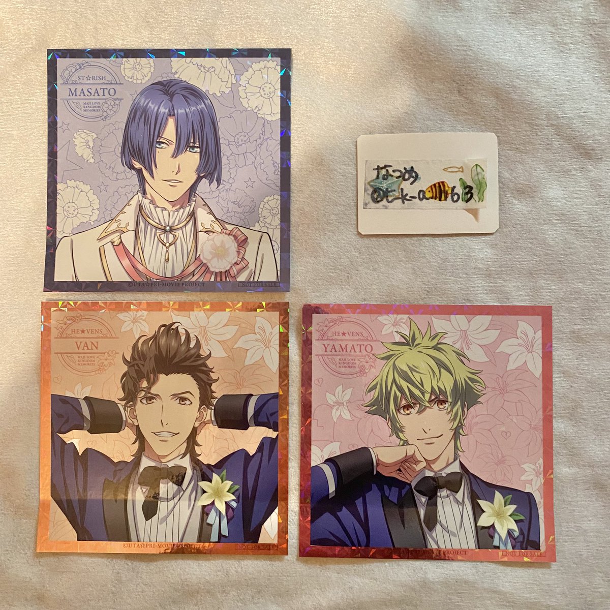 【交換】うたプリ マジLOVEキングダム メモリーズ MEMORIES 購入 特典 キラキラステッカー

譲→真斗.ヴァン.大和
求→藍＞瑛二＞翔

JR池袋駅改札内含む都内手渡し、郵送にて。ステッカーは藍決まり次第瑛二・翔を検討いたします。
検索からもお気軽にお声かけください。