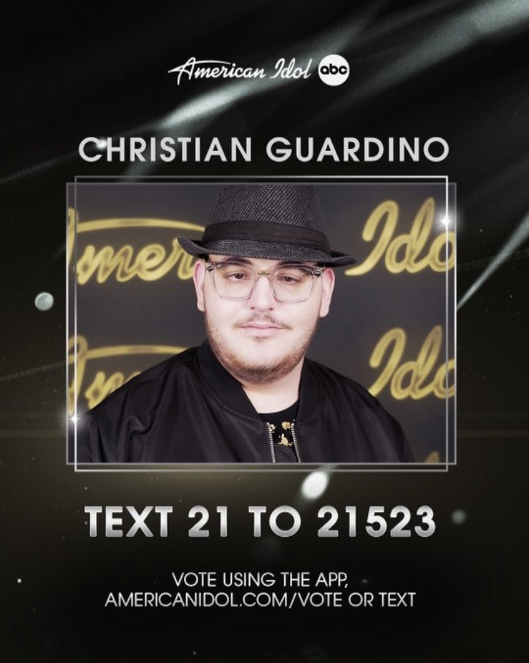 Christian Guardino (@christiangsoul) on Twitter photo I MADE IT TO THE #Top20 OF <a href="/AmericanIdol/">American Idol</a>! Please vote to keep me in the #Top14!
3️⃣ ways to vote:
🌟Go to americanidol.com/vote
🌟Use the American Idol App
🌟Text 2️⃣1️⃣ to 21523 I MADE IT TO THE #Top20 OF <a href="/AmericanIdol/">American Idol</a>! Please vote to keep me in the #Top14!
3️⃣ ways to vote:
🌟Go to americanidol.com/vote
🌟Use the American Idol App
🌟Text 2️⃣1️⃣ to 21523