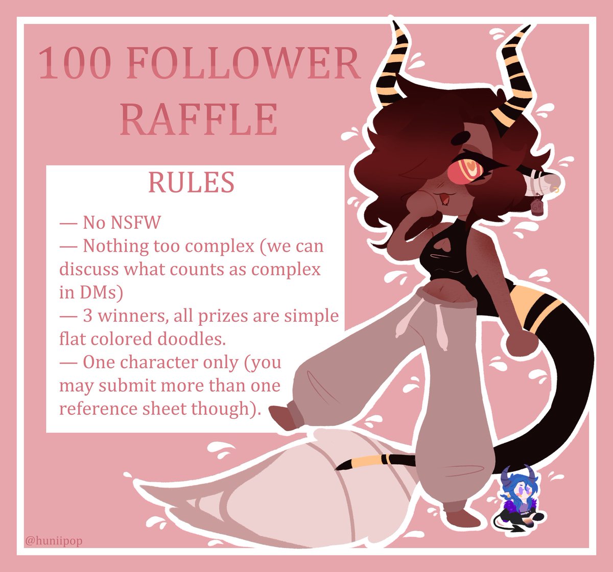 ‼  100 FOLLOWERS RAFFLE  ‼

TO ENTER :
🔁 RETWEET
💟 FOLLOW
💬 COMMENT A REF DOWN BELOW

raffle ends by the end of april! i'll be accepting 3 winners!

#huniipop