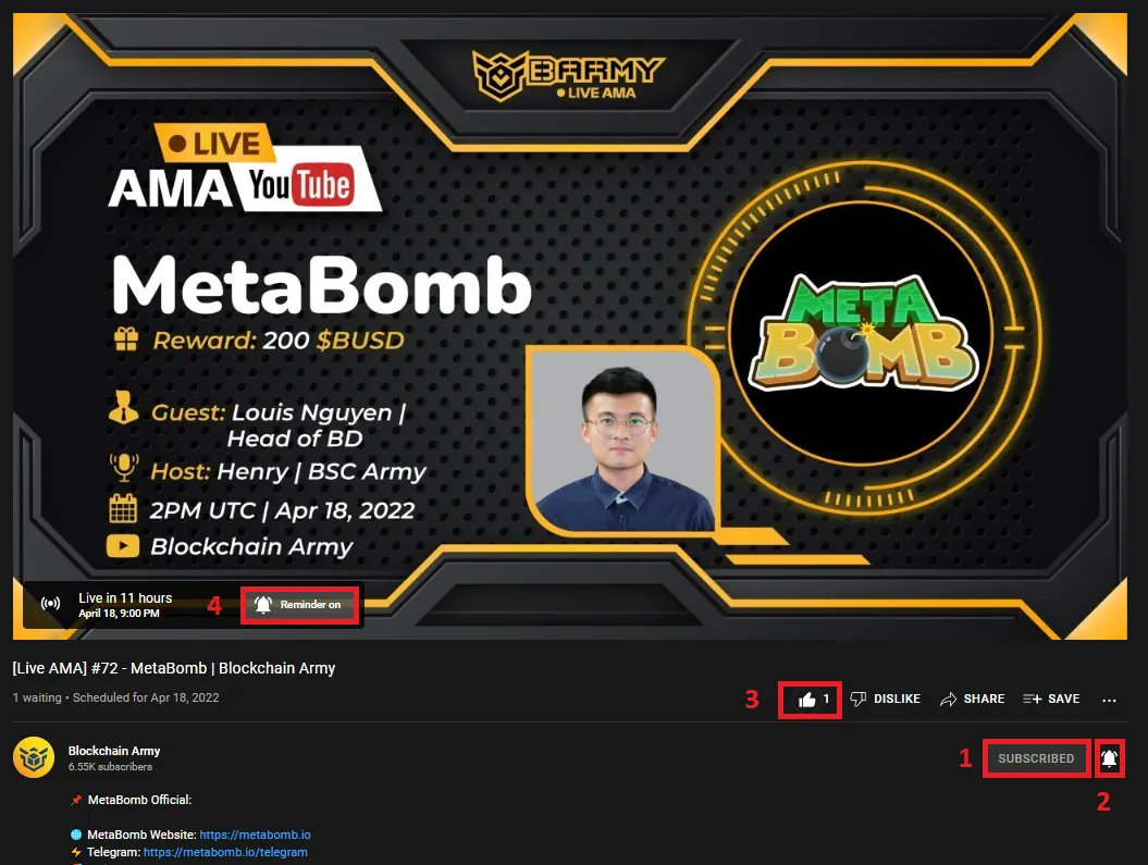 BARMYGROUP's tweet photo. #Barmy &amp; @metabombgame LIVE #AMA! 

⏰ 2 PM UTC | Apr 18

👤 Guest: Louis Nguyen | Head of BD of MetaBomb

🎁 Reward: 200 $BUSD

🔘Rules: 
🔸Complete 4 steps in the pic👇
🔸Like &amp; Retweet
🔸Cmt proof &amp; tag 3 👧 in this Tweet

👉 YT link: https://t.co/8qZbdmYAqP

Join us! https://t.co/YXT9heVqwF