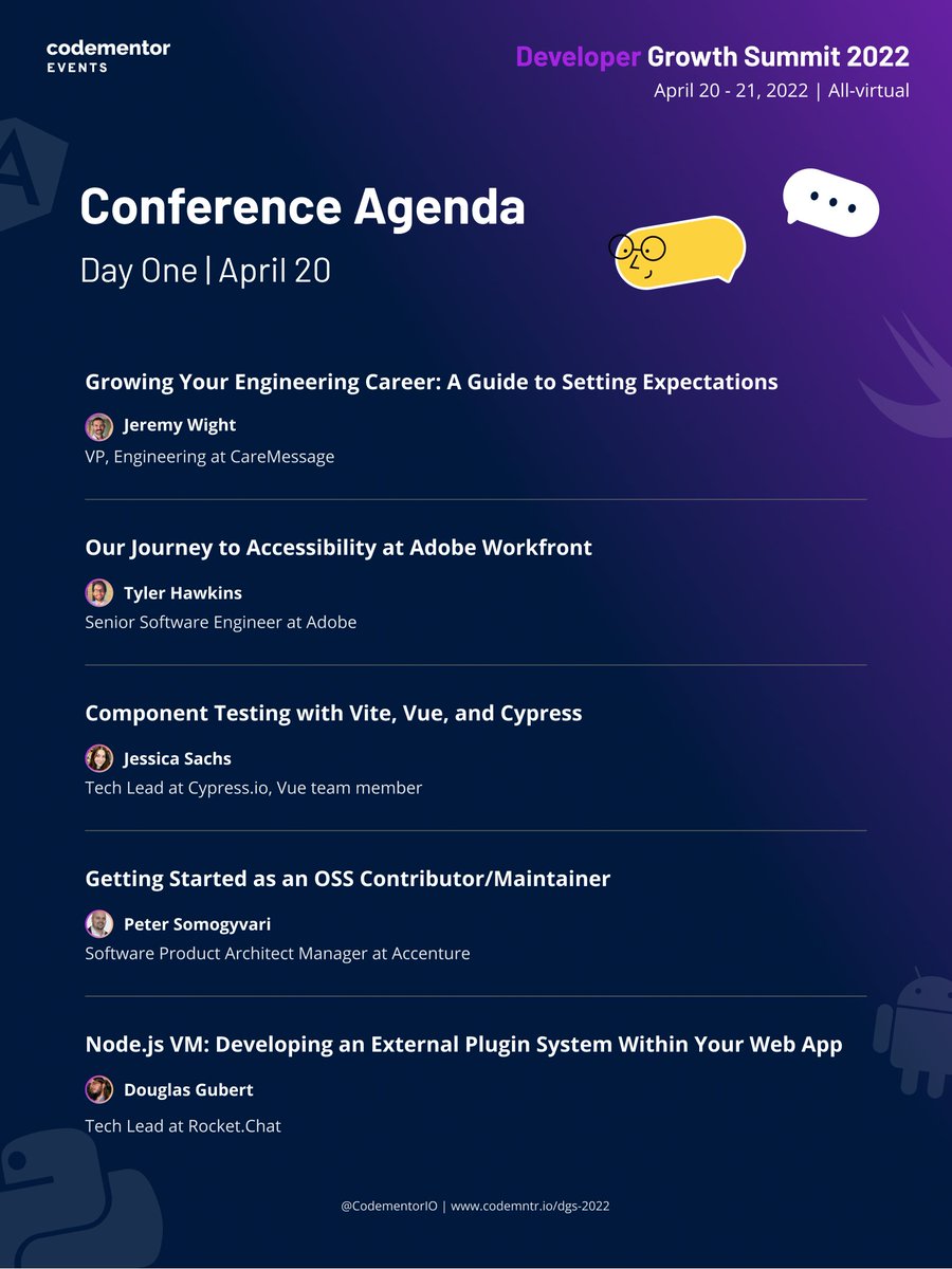 Day one of #DGS2022 is starting in an hour! ⏰

Come join us to hear great talks from <a href="/jeremywight/">Jeremy Wight</a>, <a href="/thawkin3/">Tyler Hawkins</a>, <a href="/_jessicasachs/">jess</a>, <a href="/PeterMetz_/">Peter Somogyvari</a>, and @d_gubert!

Get your free ticket 👉 codementor.io/events/develop…

#100DaysOfCode #DEVCommunity