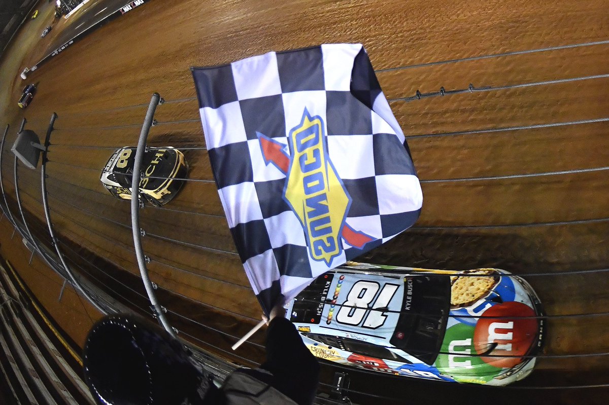 JoeGibbsRacing's tweet photo. RT to congratulate @KyleBusch on winning the #NASCAR Cup Series race at the @BMSupdates Dirt Track! 

@mmschocolate https://t.co/epB4UVS7RP