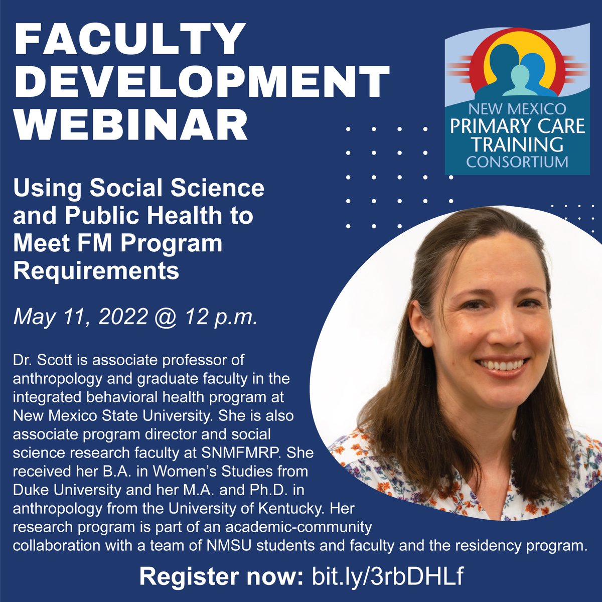 NMPCTC's tweet photo. Our Faculty Development Webinar series continues May 11 at noon with Dr. Mary Alice Scott of the Southern NM Family Medicine Residency Program (@snmfmrp)!

Register now at https://t.co/HGgV6WZgpG https://t.co/b8Iq6dIyWr