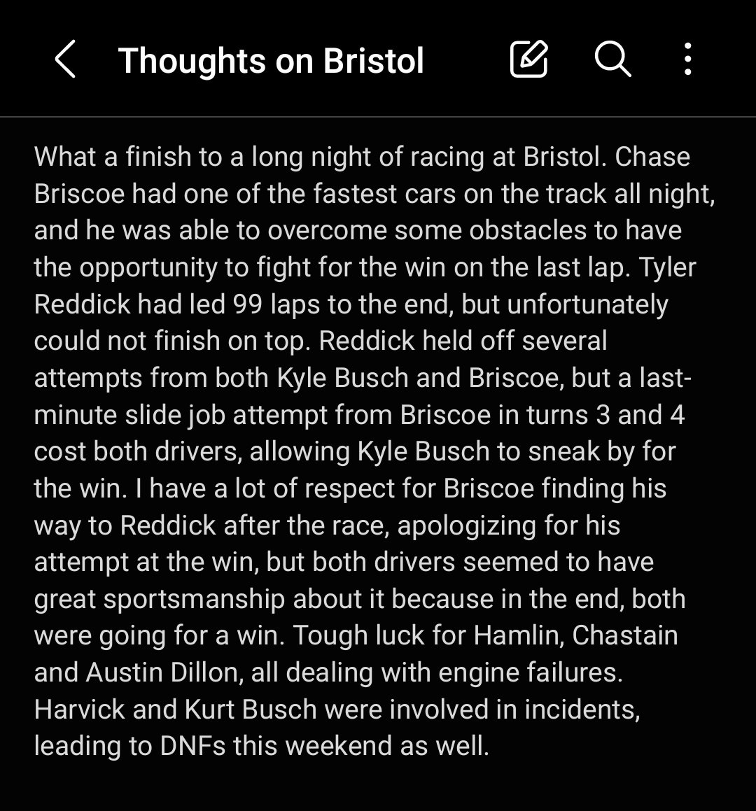What a race tonight at Bristol. Here are a couple of my thoughts on the #BristolDirtRace from tonight
#NASCAR #NASCARonFOX #BristolMotorSpeedway #BristolDirt #CrazyFinish #Briscoe #Reddick #CrazyEnding https://t.co/zanbNzRESP