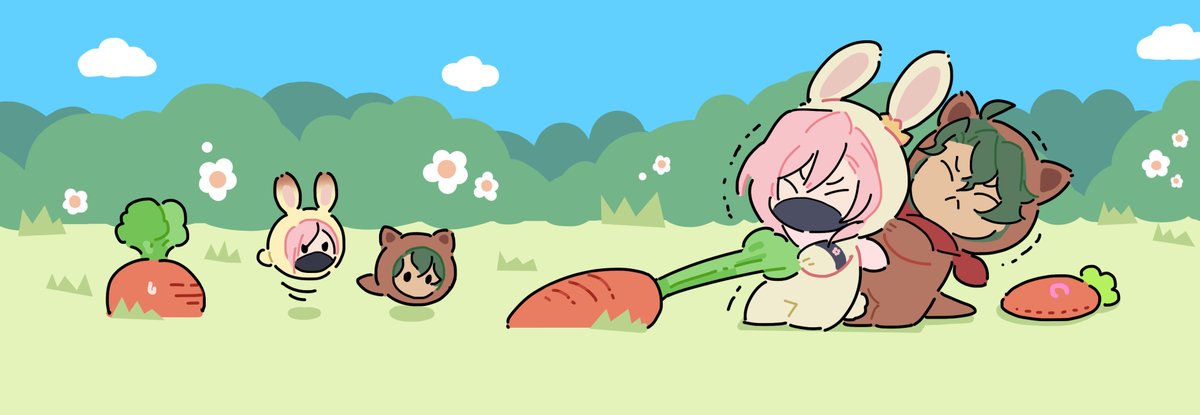 carrot animal ears outdoors pink hair closed eyes green hair > <  illustration images