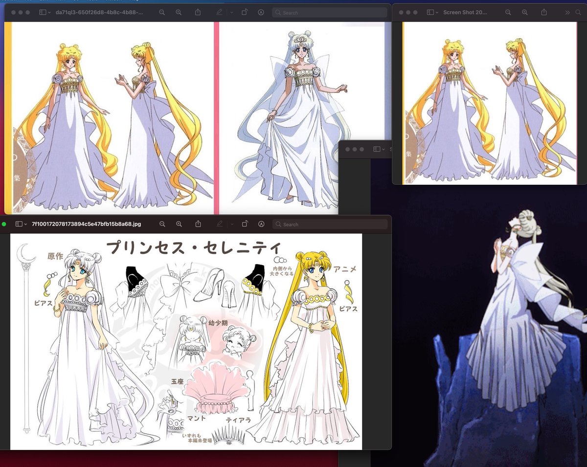 The Golden Dress was heavily inspired by Princess/Neo-Queen Serenity as well as Roberto Capucci 1987 Angelo D'oro dress and the Bougainvillea dress of 1989 