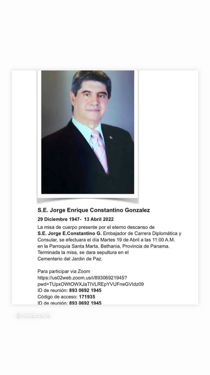 nixiaf's tweet photo. S.E.Jorge Enrique Constantino Gonzalez
Time: April 19, 2022 11:00 a.m. Panama @CancilleriaPma 

Joining the Zoom meeting
https://t.co/qCw3aspPmK

Meeting ID: 893 0692 1945
Access Code: 171935

Meeting ID: 893 0692 1945
Find your local number: https://t.co/o1rFndzqKA https://t.co/9Q29fVjNvN