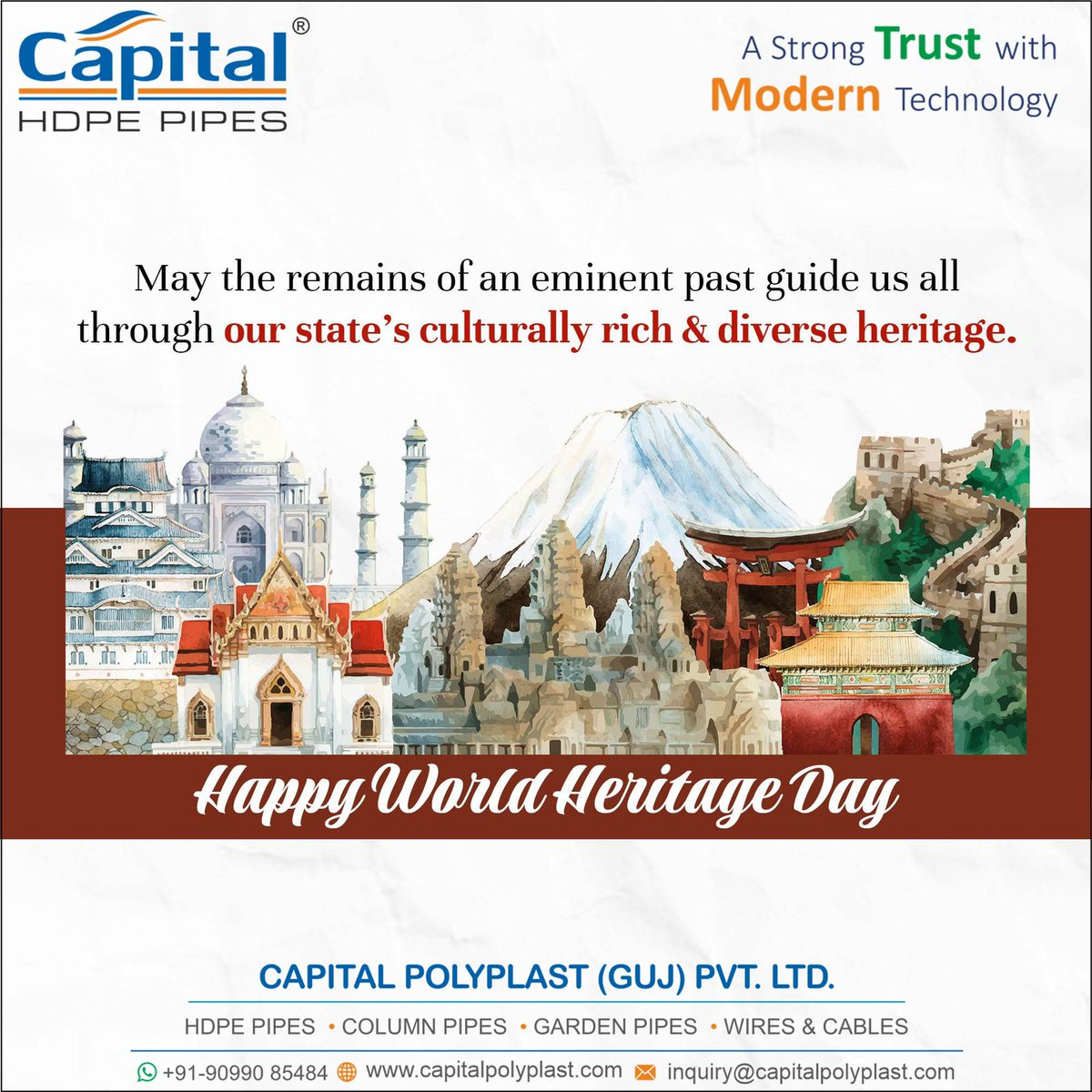 GujCapital's tweet photo. CAPITAL POLYPLAST (GUJ) PVT. LTD.

"Happy World Heritage Day"

#capitalpolyplast #hdpepipe #roundpipe #blackpipe
#borewellpipe #undergroundpipe #gardenpipe #flexiblegardenpipe #colourvirginpipe #universalgardenpipe #heavydutygardenpipe #submersibleflatcable #servicecable https://t.co/CAHbZ12aJC