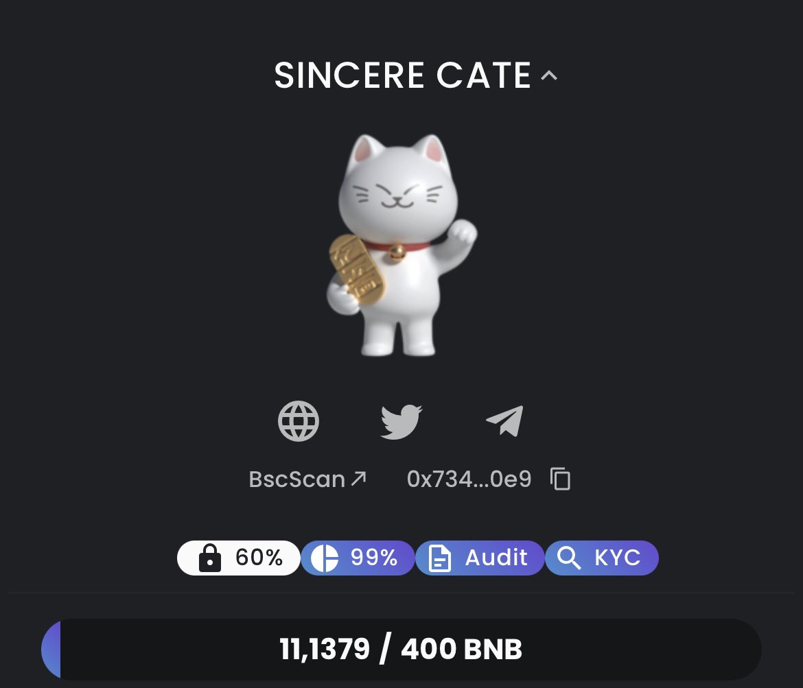 Whitelist and ILO event going on <a href="/SincereCate/">sincere cate</a> 

  ☑️ Audit done by Solidproof
  ☑️KYC completed
  ✅An Phat KYC completed
  ☑️ RENOUNCED

 Pre-sale link : app.unicrypt.network/amm/pancake-v2…